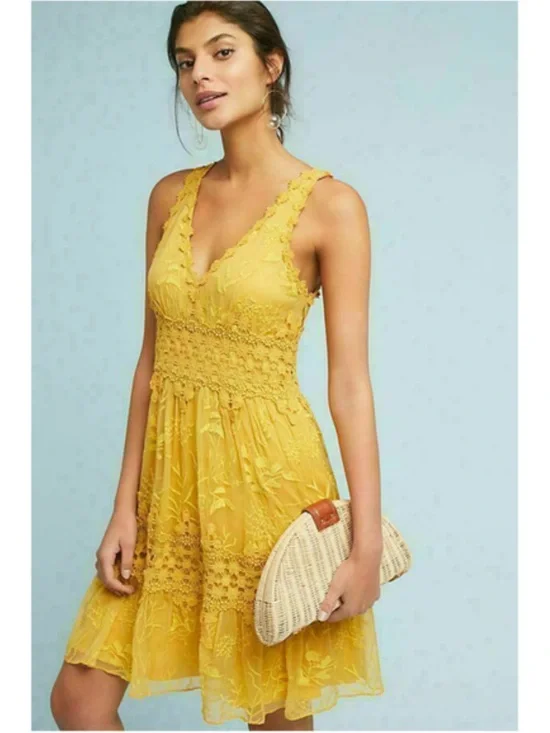 Anthropologie Ranna Gill Veronica Yellow Crochet Lace Floral Dress Size S - Picture 1 of 14